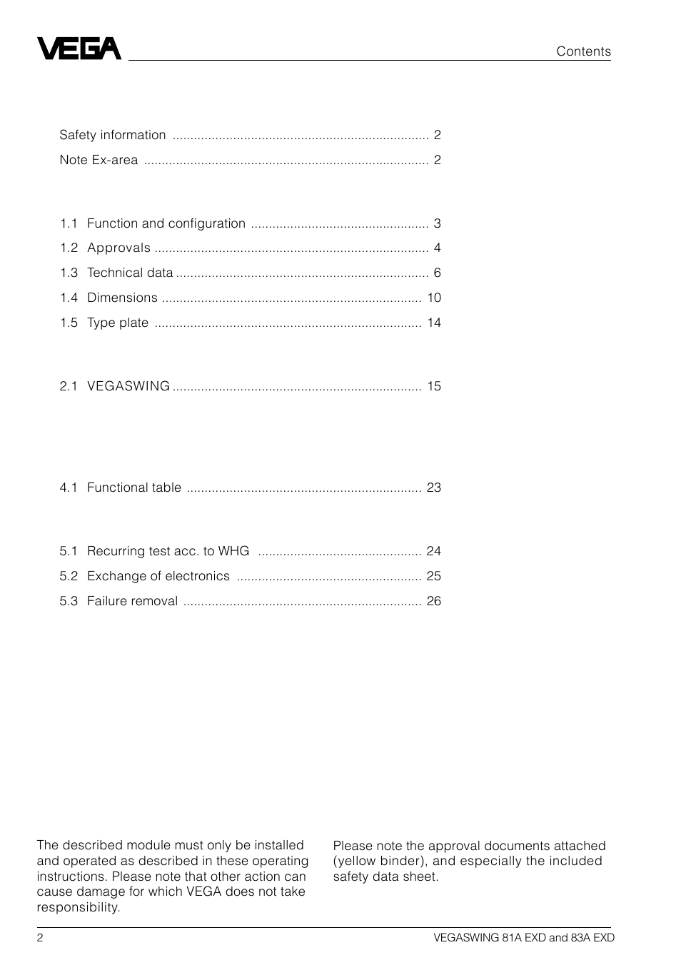 VEGA VEGASWING 83A EXD User Manual | Page 2 / 28