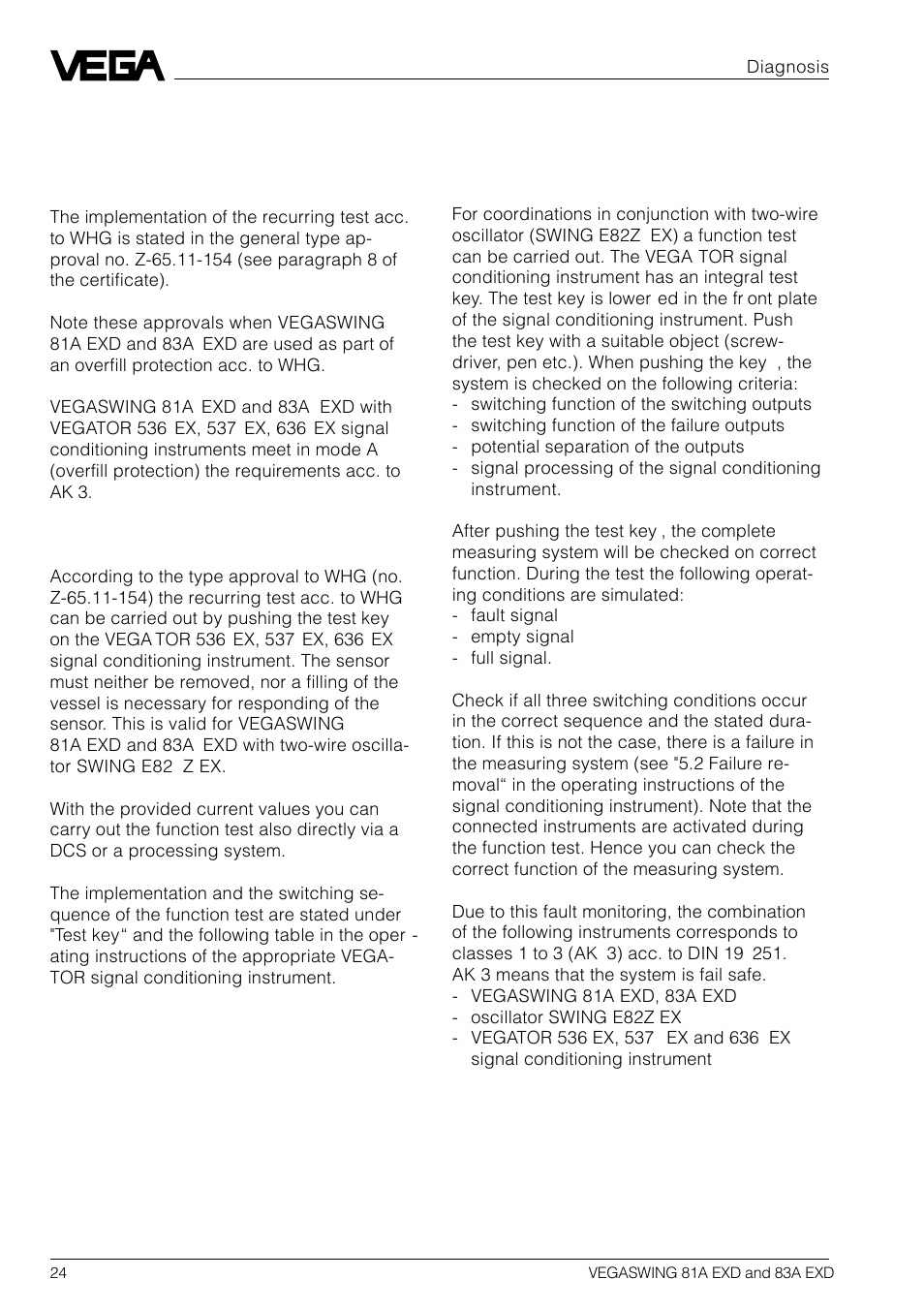 1 functional table, 5 diagnosis, 1 recurring test acc. to whg | VEGA VEGASWING 83A EXD User Manual | Page 24 / 28