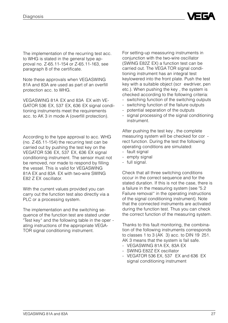 1 functions table, 5 diagnosis, 1 recurring test acc. to whg | VEGA VEGASWING 83A User Manual | Page 27 / 32
