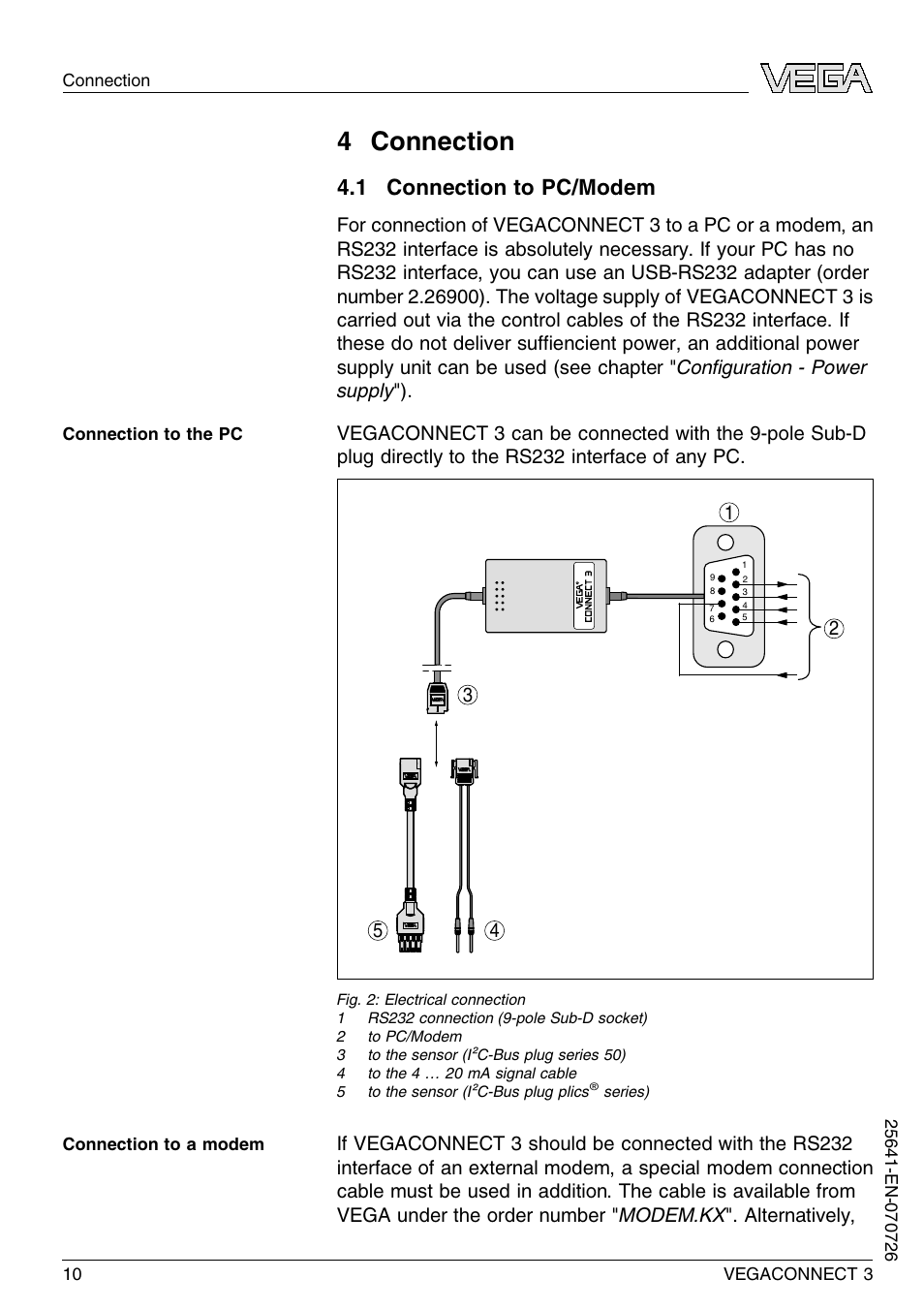 4 connection, 1 connection to pc/modem | VEGA VEGACONNECT 3 User Manual | Page 10 / 24