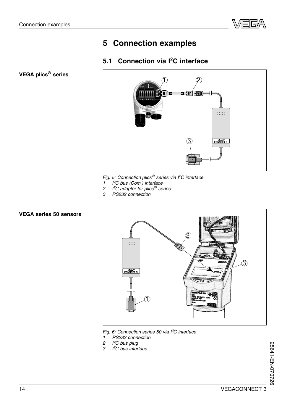 5 connection examples, 1 connection via i²c interface, 1 connection via i²c interface 1 2 3 | VEGA VEGACONNECT 3 User Manual | Page 14 / 24