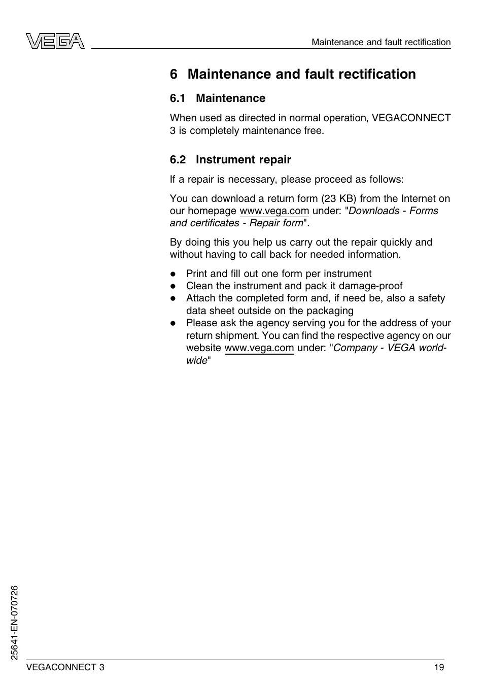 6 maintenance and fault rectification, 1 maintenance, 2 instrument repair | 6 maintenance and fault rectiﬁcation | VEGA VEGACONNECT 3 User Manual | Page 19 / 24