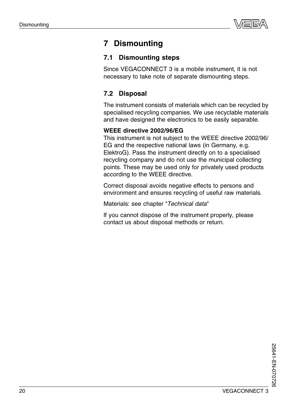 7 dismounting, 1 dismounting steps, 2 disposal | VEGA VEGACONNECT 3 User Manual | Page 20 / 24