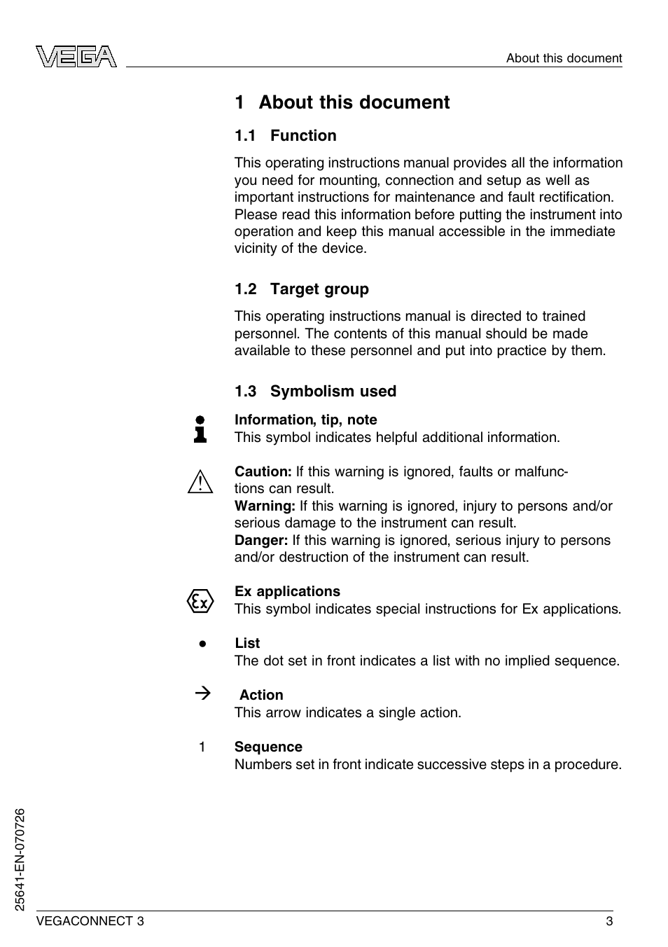 1 about this document, 1 function, 2 target group | 3 symbolism used | VEGA VEGACONNECT 3 User Manual | Page 3 / 24