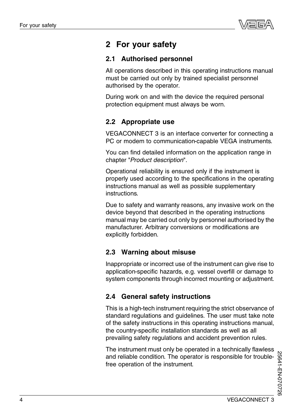 2 for your safety, 1 authorised personnel, 2 appropriate use | 3 warning about misuse, 4 general safety instructions | VEGA VEGACONNECT 3 User Manual | Page 4 / 24