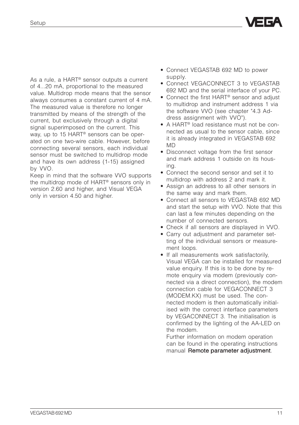 4 setup, 1 general information on hart® multidrop, 2 procedure | 1 general information on hart, Multidrop | VEGA VEGASTAB 692 MD User Manual | Page 11 / 16