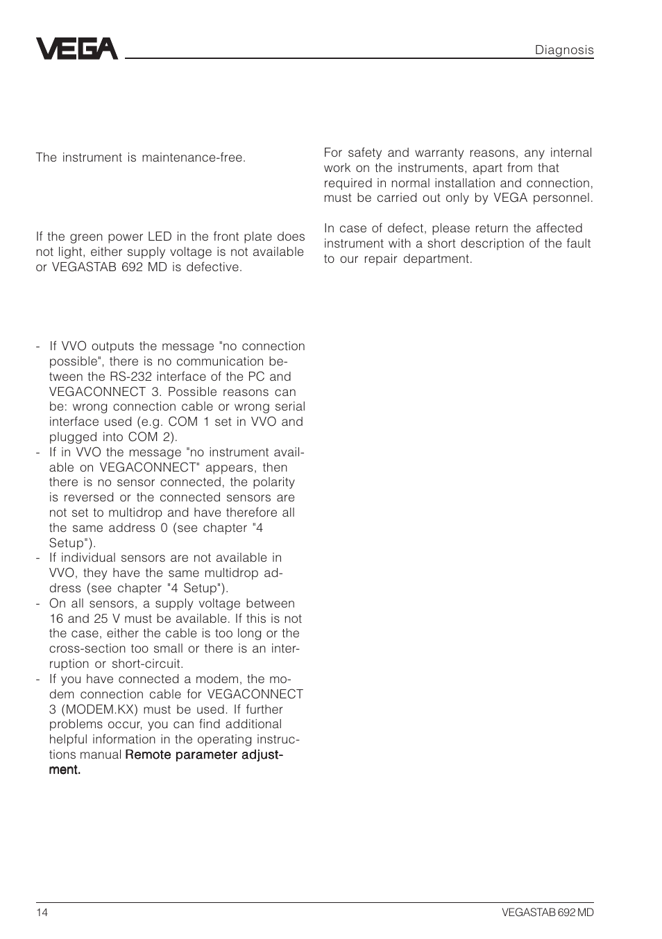 5 diagnosis, 1 maintenance, 2 fault signal | 3 failure diagnostics, 4 repair | VEGA VEGASTAB 692 MD User Manual | Page 14 / 16