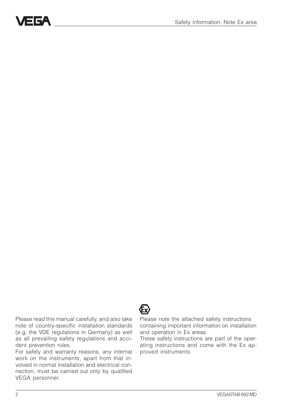 Safety information, Note ex area | VEGA VEGASTAB 692 MD User Manual | Page 2 / 16