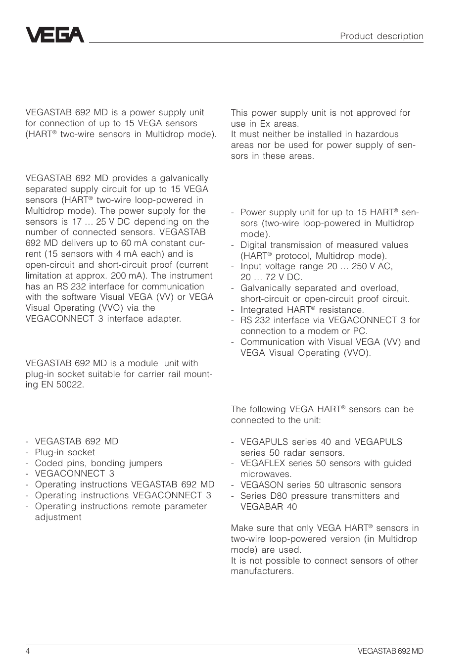 1 product description, 1 function and configuration, 2 scope of delivery | 3 ex area, 4 features, 5 sensor choice | VEGA VEGASTAB 692 MD User Manual | Page 4 / 16