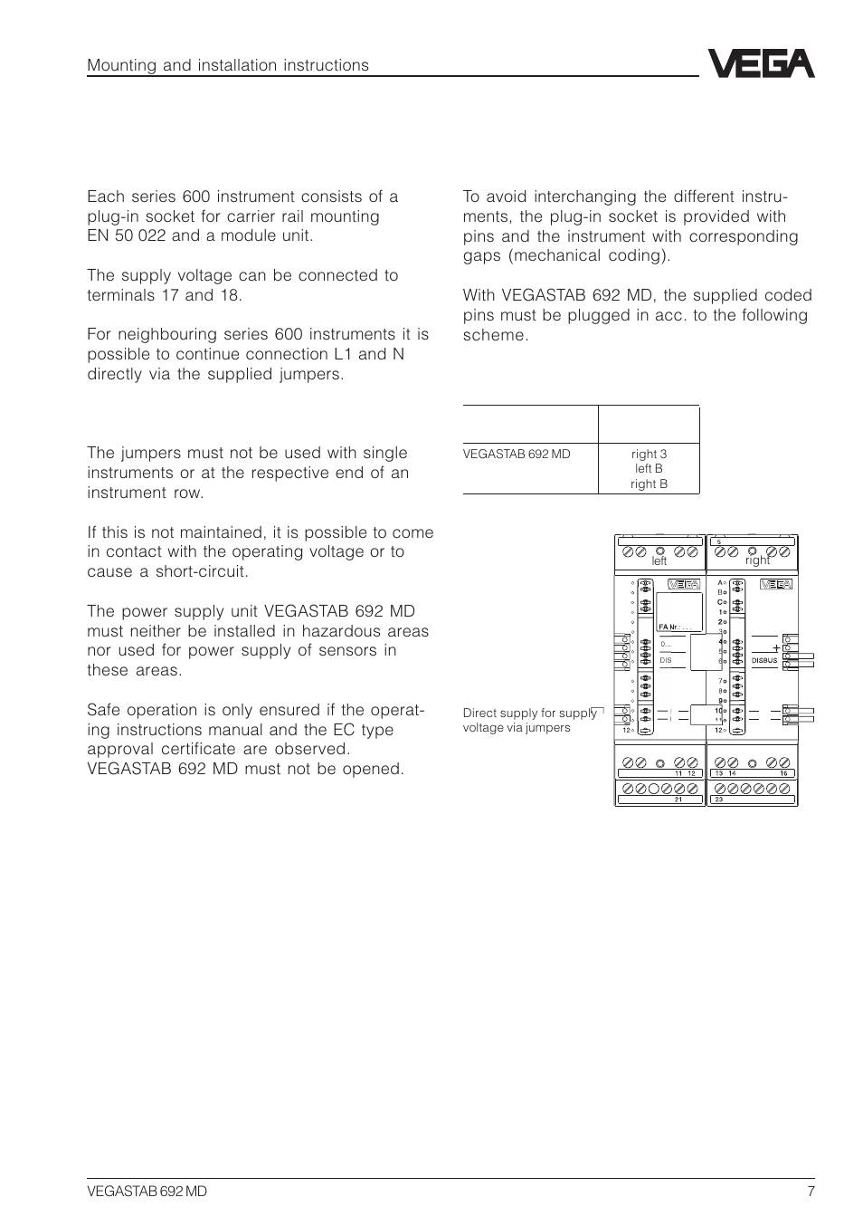 2 mounting and installation instructions, Mounting, Coding | Mounting and installation instructions, Vegastab 692 md 7 | VEGA VEGASTAB 692 MD User Manual | Page 7 / 16