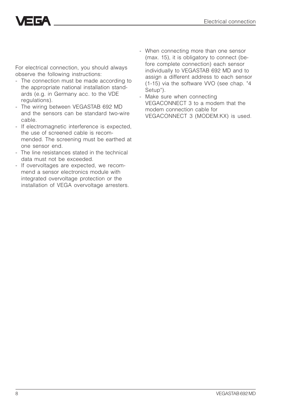 3 electrical connection, 1 connection instructions | VEGA VEGASTAB 692 MD User Manual | Page 8 / 16