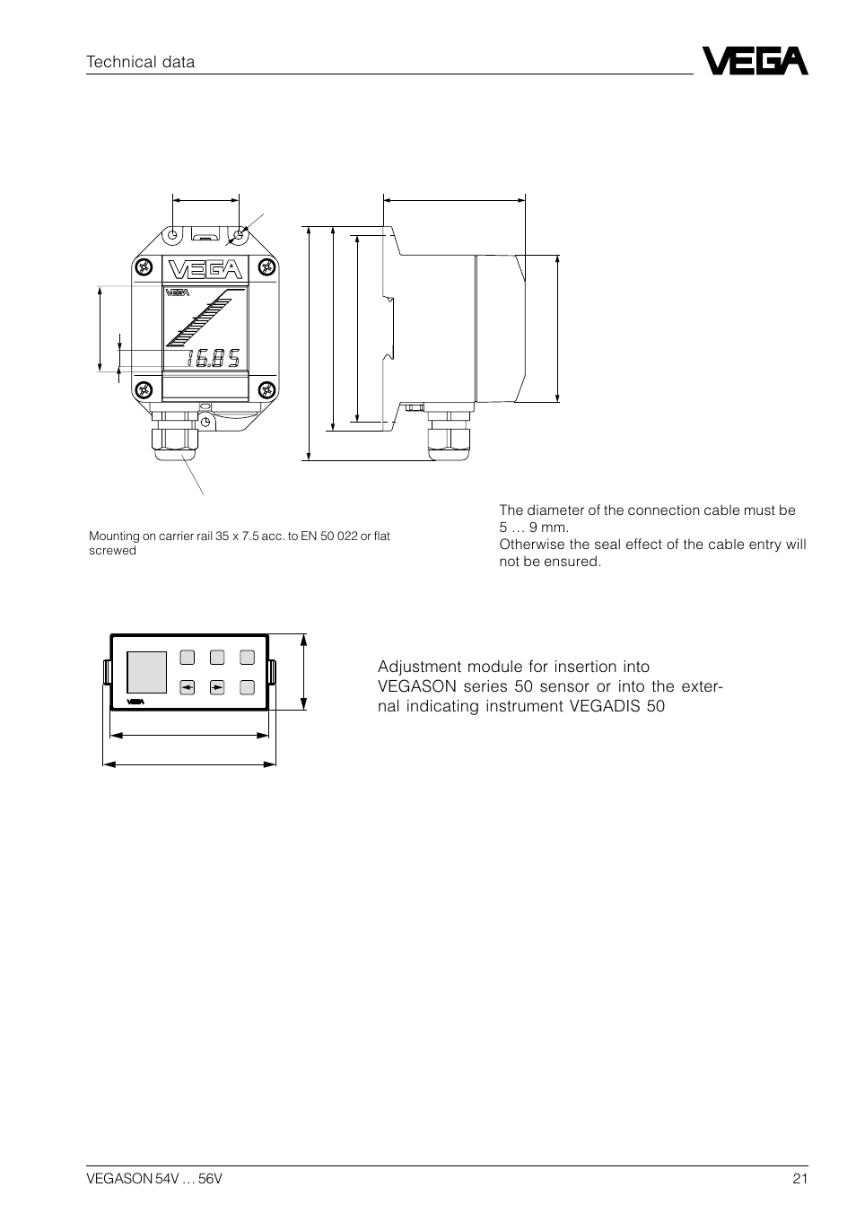 2 dimensions, External indicating instrument vegadis 50, Adjustment module minicom | Technical data | VEGA VEGASON 54V…56V User Manual | Page 21 / 92