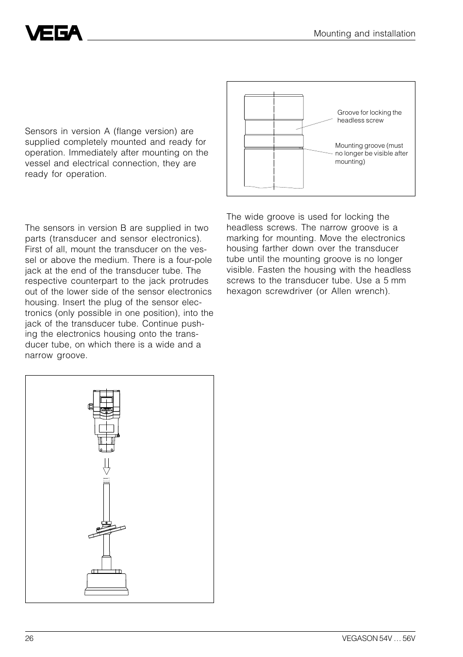 4 mounting and installation, 1 mounting | VEGA VEGASON 54V…56V User Manual | Page 26 / 92