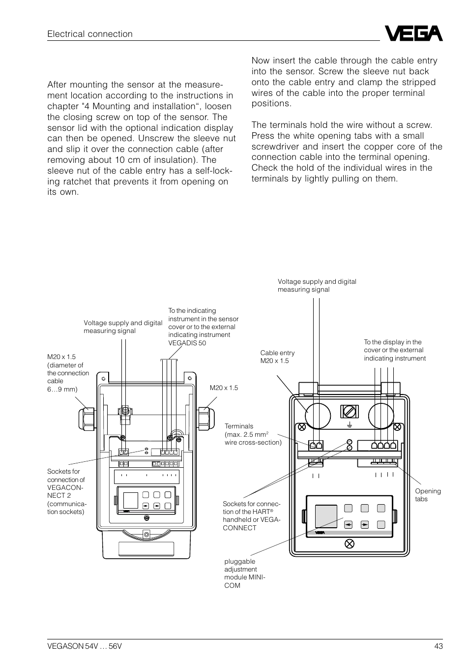 2 connection of the sensor, Version with aluminium housing, Version with plastic housing | Electrical connection | VEGA VEGASON 54V…56V User Manual | Page 43 / 92