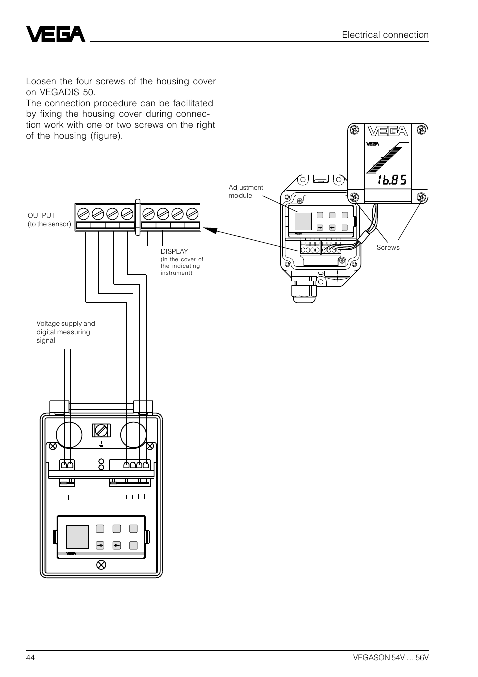 Electrical connection, Vegadis 50 | VEGA VEGASON 54V…56V User Manual | Page 44 / 92