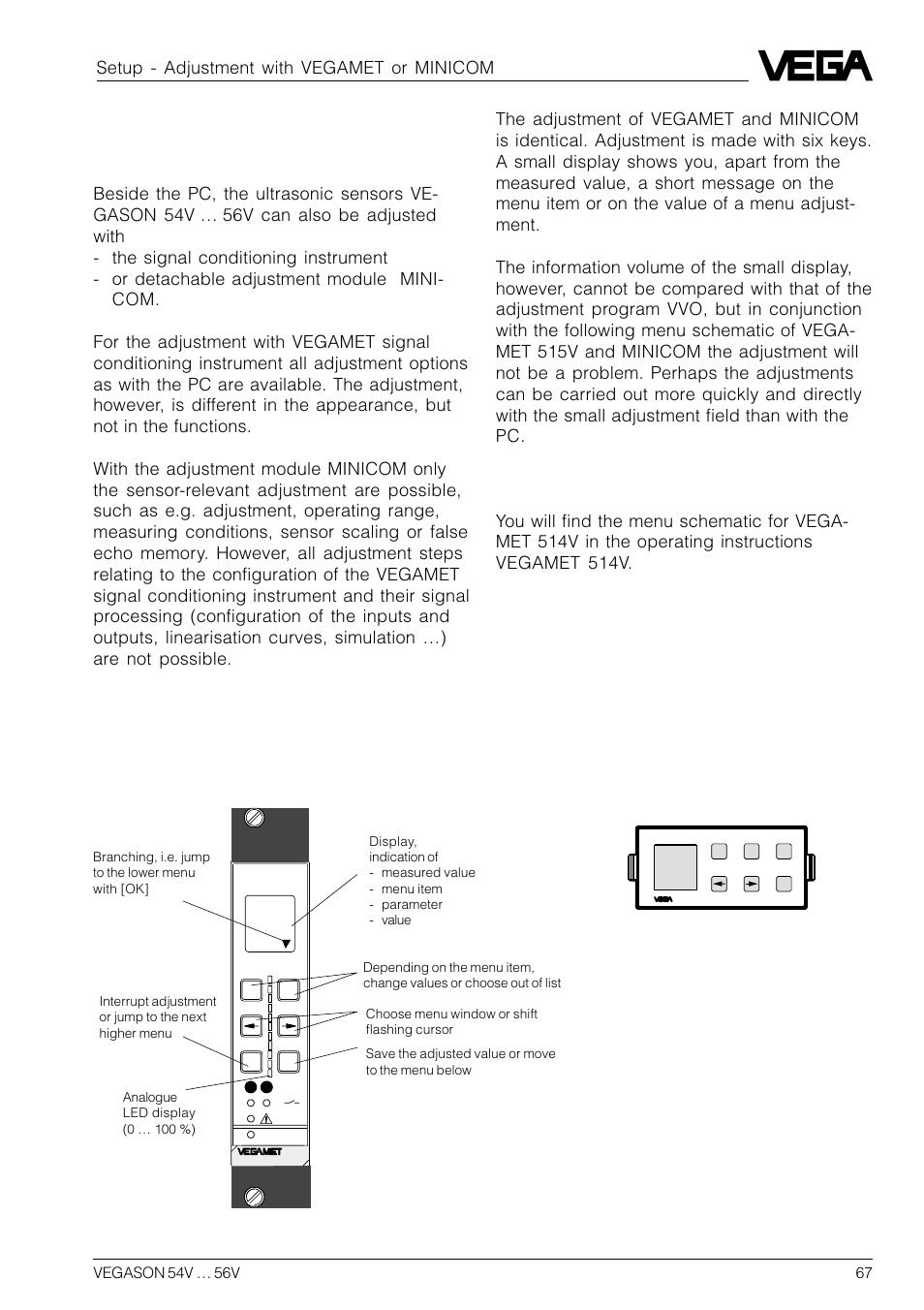 3 adjustment with the adjustment module minicom, Indicating and adjustment surfaces | VEGA VEGASON 54V…56V User Manual | Page 67 / 92