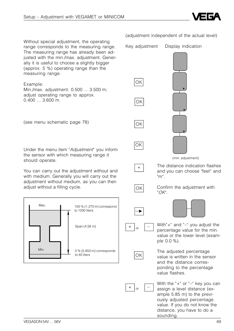 Operating range, Meas. conditions, Adjustment | VEGA VEGASON 54V…56V User Manual | Page 69 / 92