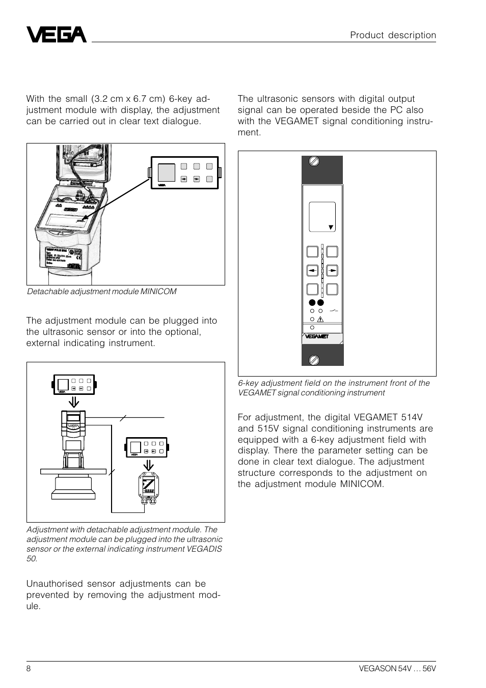 Adjustment with adjustment module minicom, Product description, 4 ma | Detachable adjustment module minicom | VEGA VEGASON 54V…56V User Manual | Page 8 / 92