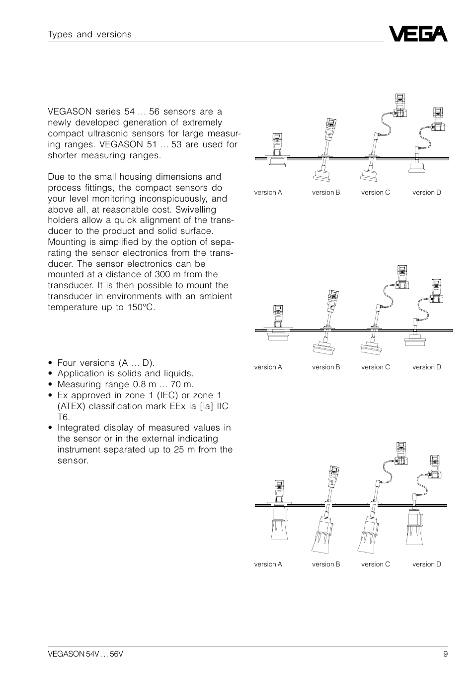 2 types and versions, 1 type survey, Common features | VEGA VEGASON 54V…56V User Manual | Page 9 / 92