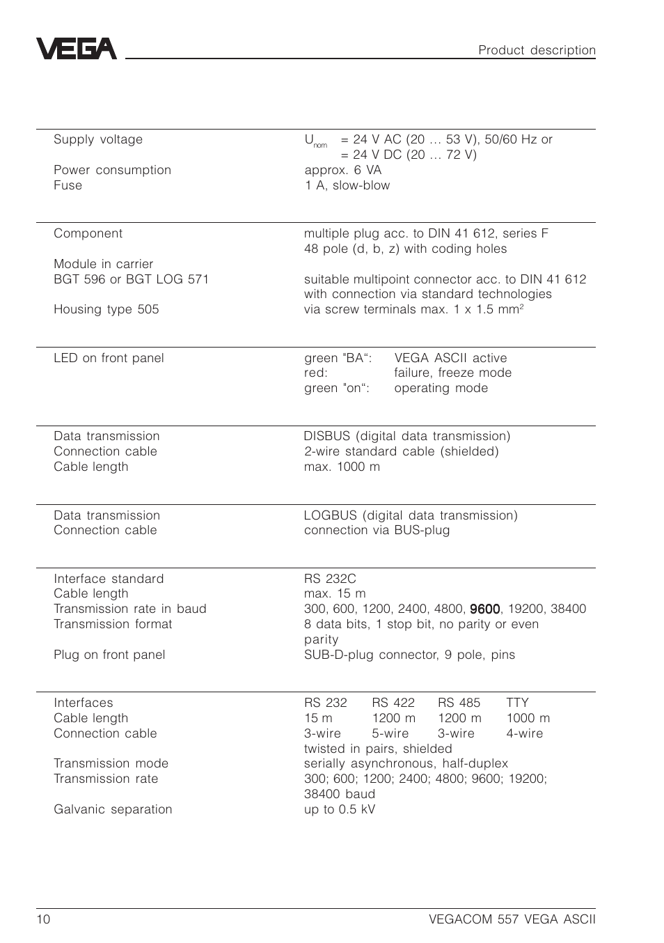 5 technical data | VEGA VEGACOM 557 VEGA ASCII protocol User Manual | Page 10 / 64