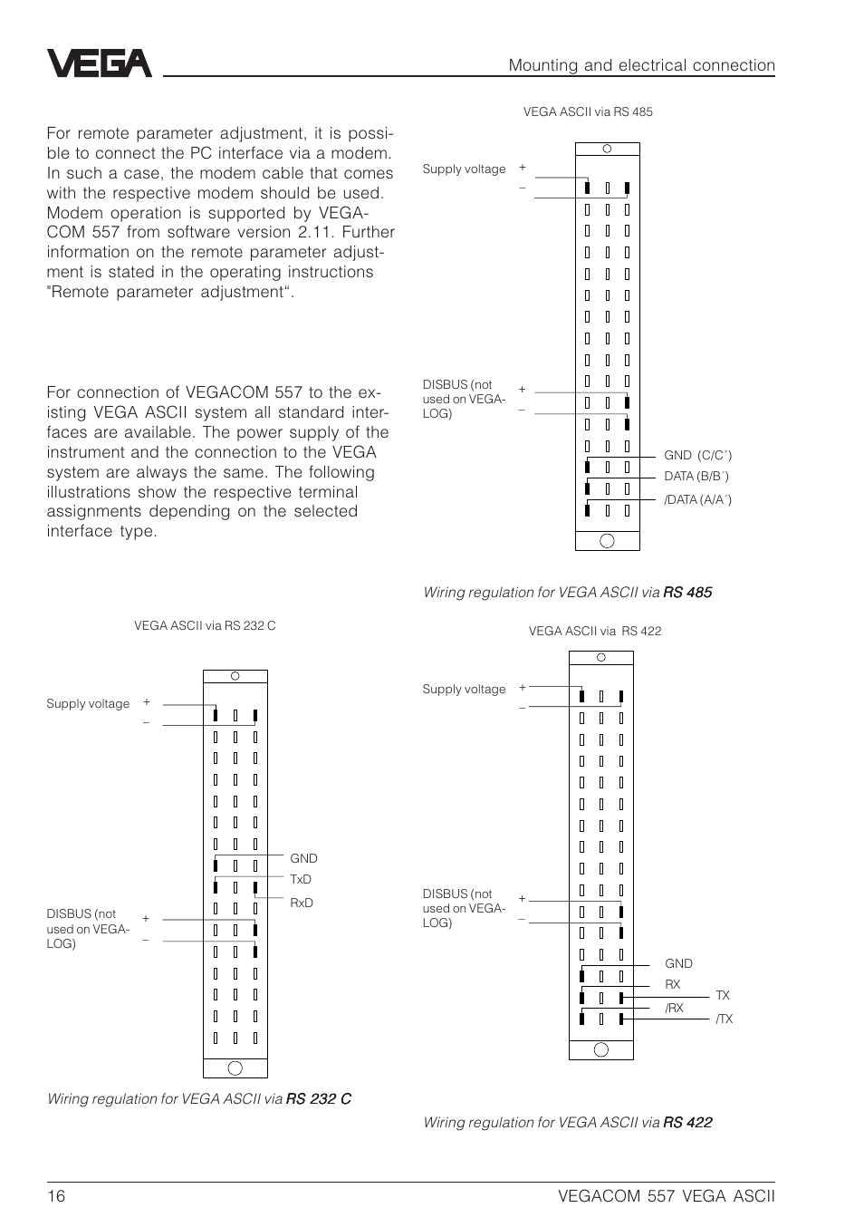 Connections of the multiple plug (rear), Mounting and electrical connection, D b z | VEGA VEGACOM 557 VEGA ASCII protocol User Manual | Page 16 / 64