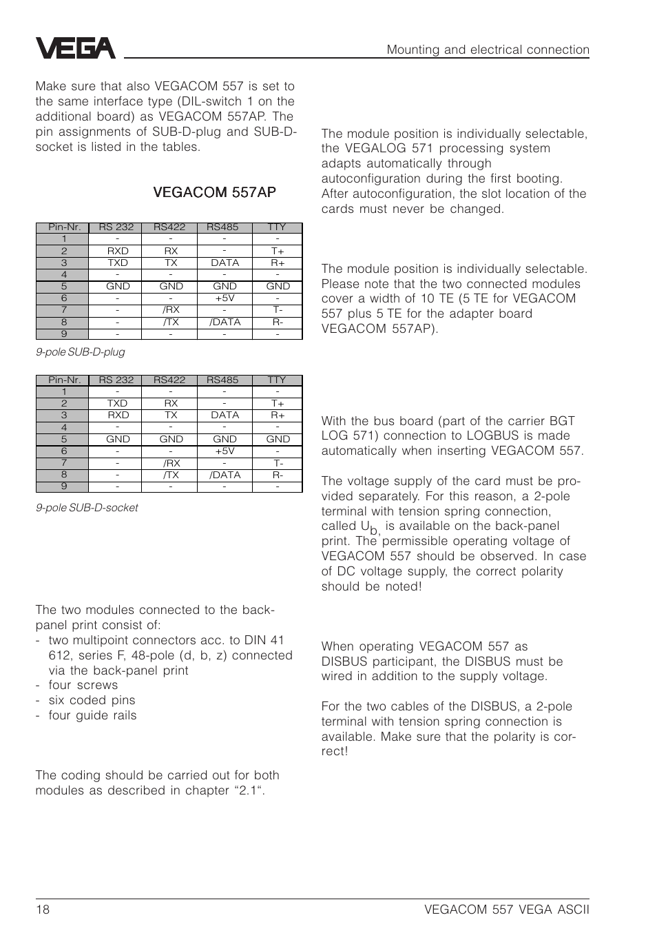 Connection vegacom 557ap, Mounting instructions for vegacom 557ap | VEGA VEGACOM 557 VEGA ASCII protocol User Manual | Page 18 / 64