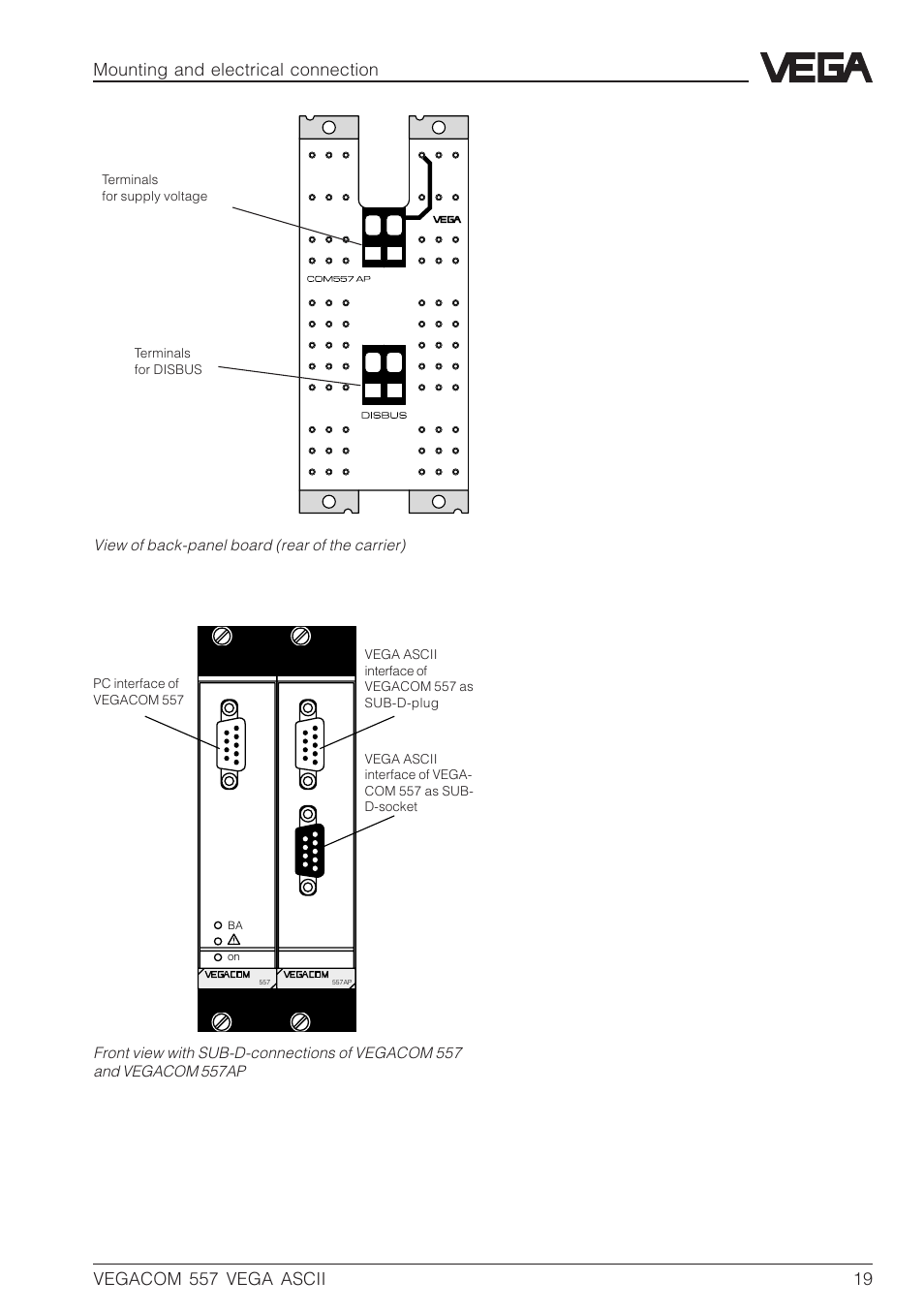Mounting and electrical connection | VEGA VEGACOM 557 VEGA ASCII protocol User Manual | Page 19 / 64