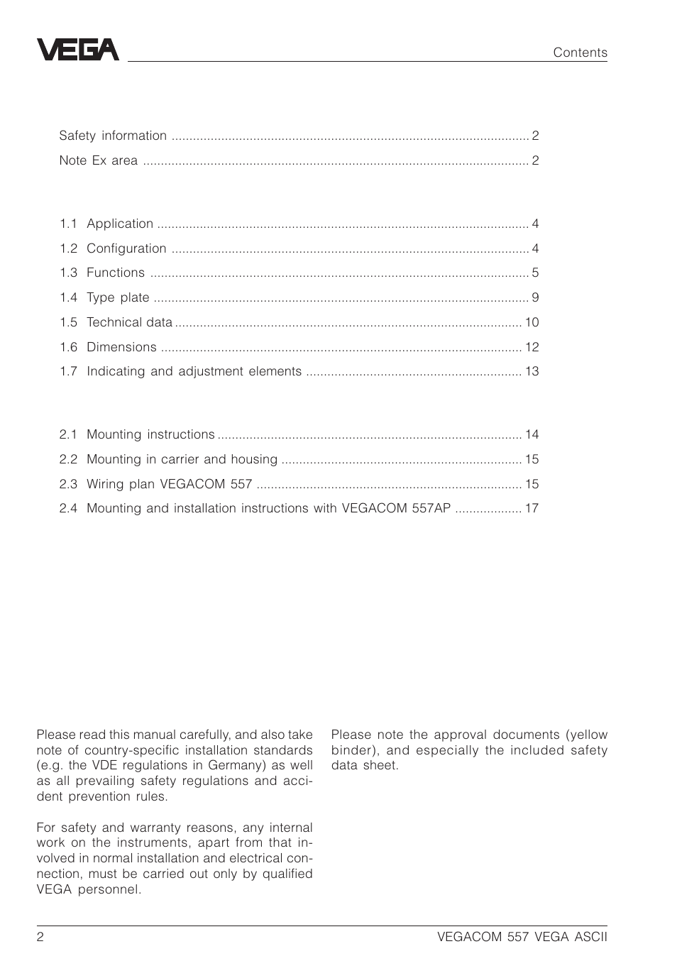 VEGA VEGACOM 557 VEGA ASCII protocol User Manual | Page 2 / 64