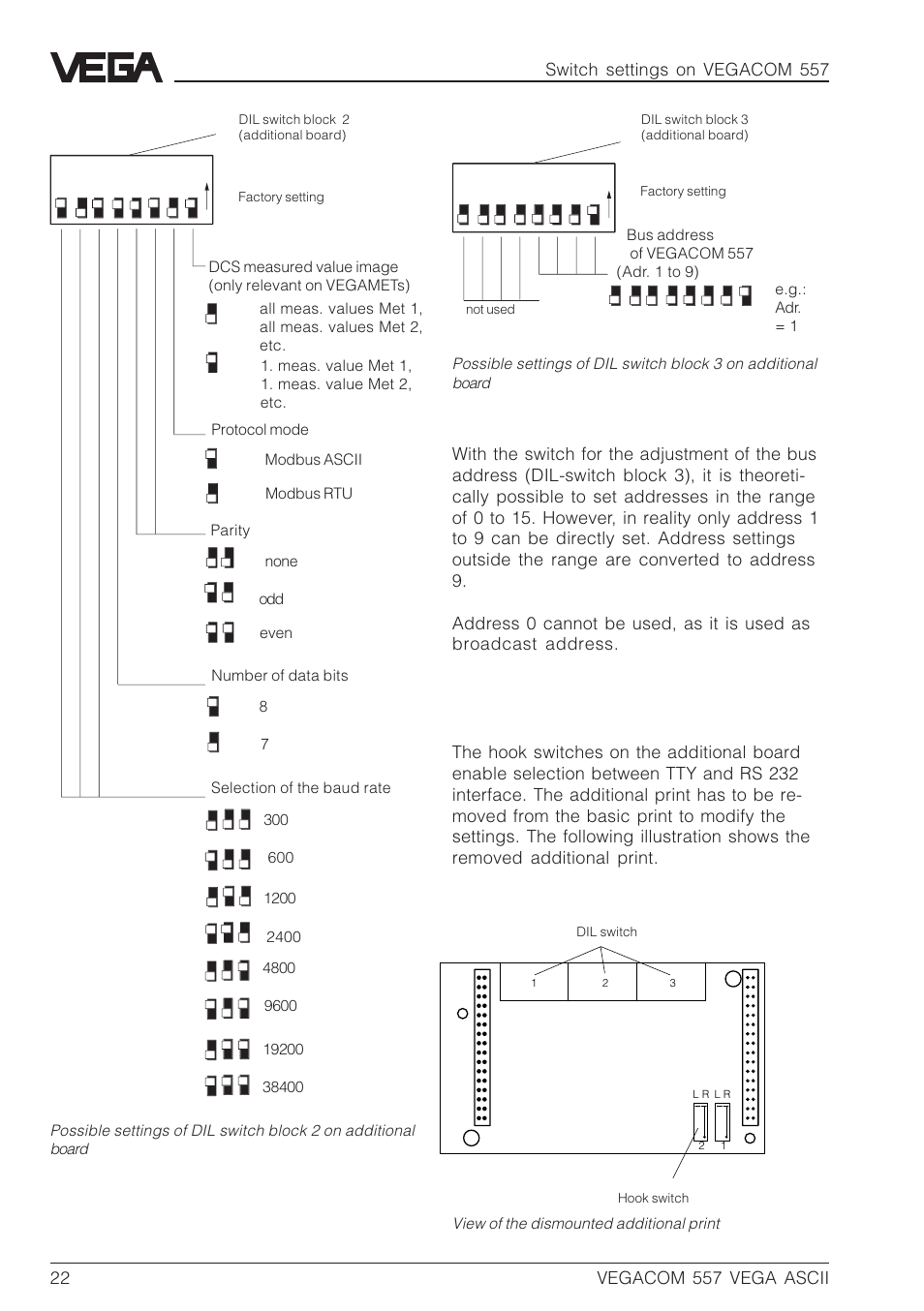 Hook switches (additional board) | VEGA VEGACOM 557 VEGA ASCII protocol User Manual | Page 22 / 64