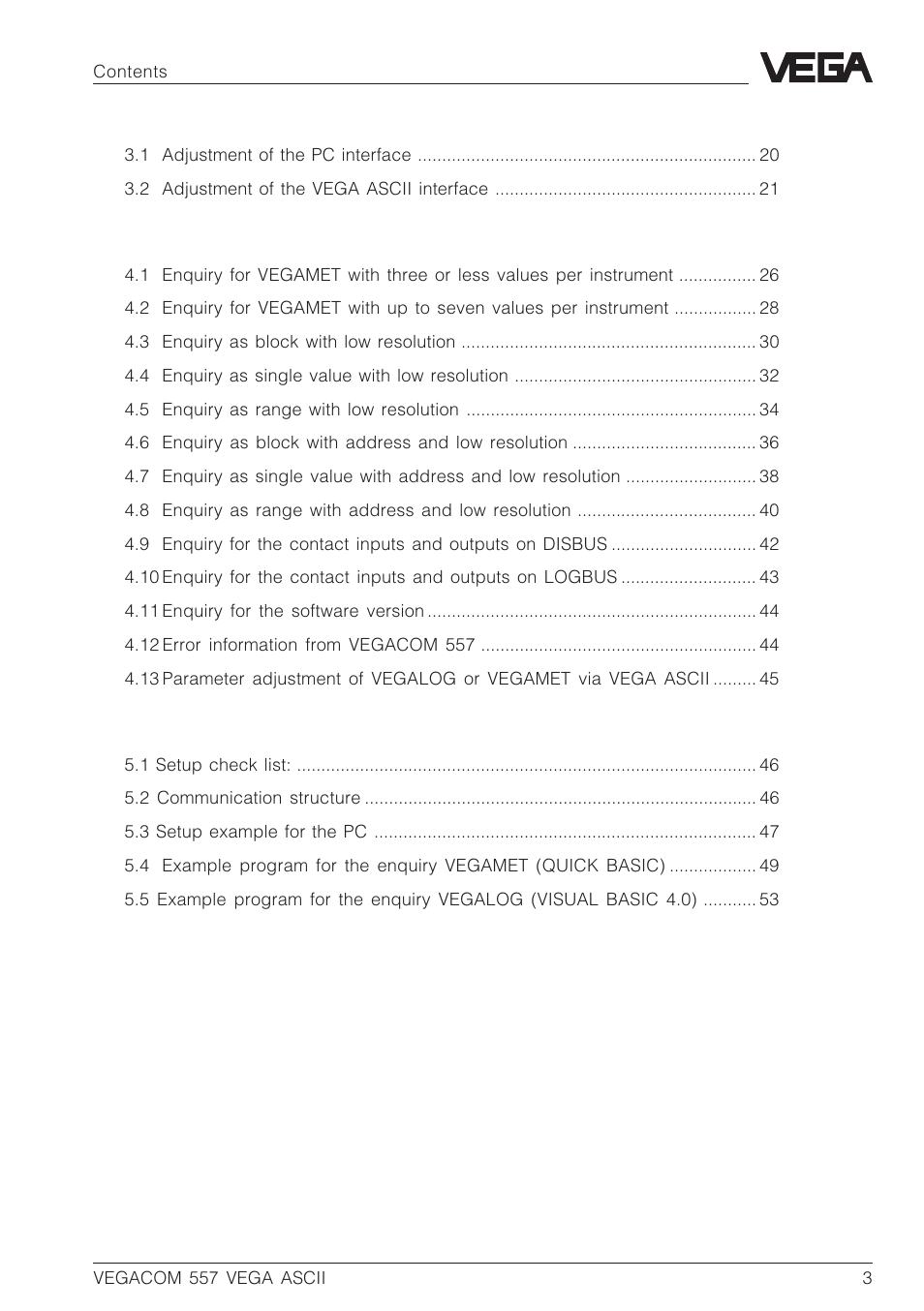 VEGA VEGACOM 557 VEGA ASCII protocol User Manual | Page 3 / 64