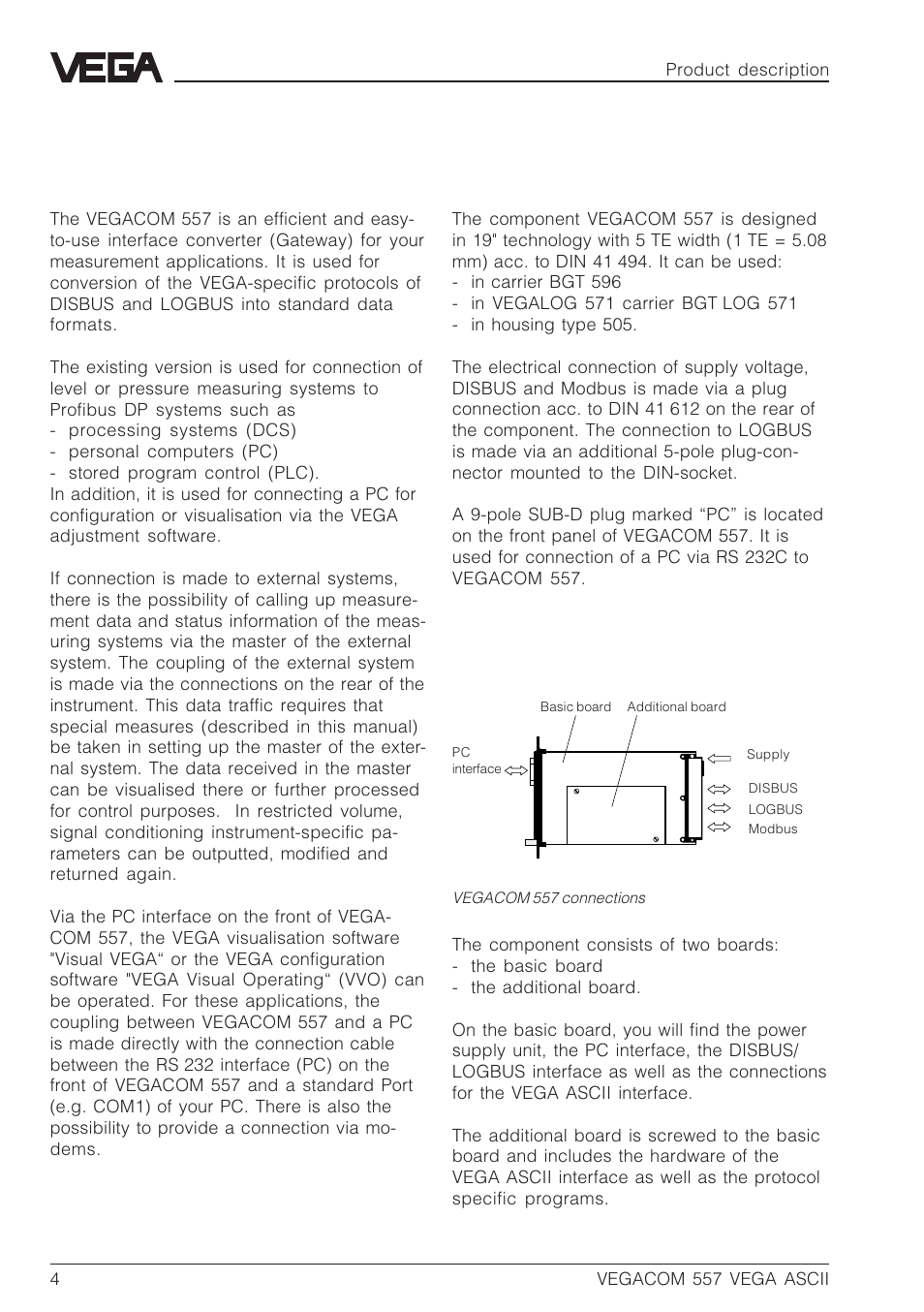 1 product description, 1 application, 2 configuration | VEGA VEGACOM 557 VEGA ASCII protocol User Manual | Page 4 / 64