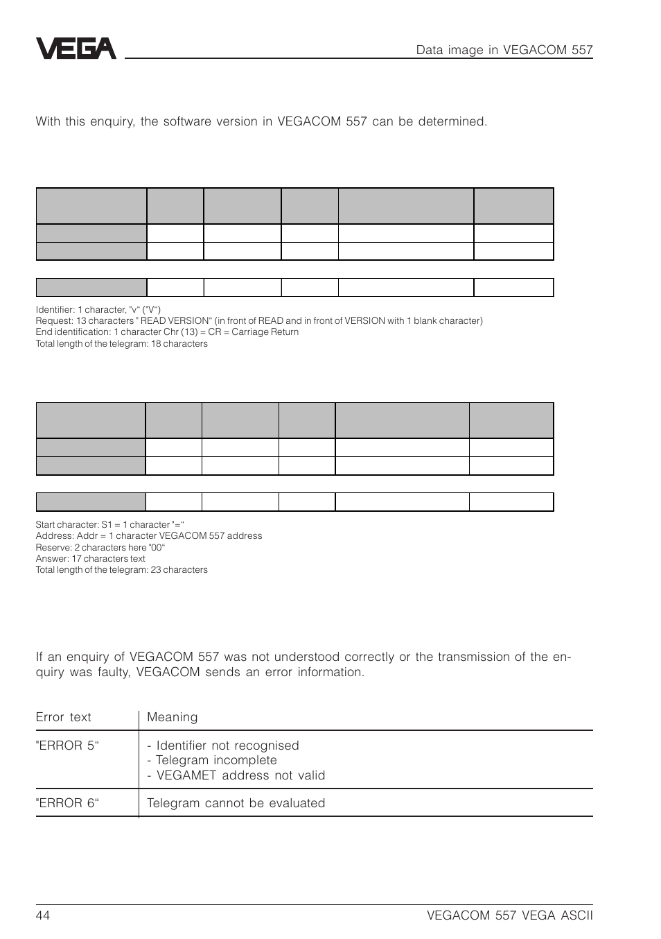 11 enquiry for the software version, 12 error information from vegacom 557 | VEGA VEGACOM 557 VEGA ASCII protocol User Manual | Page 44 / 64
