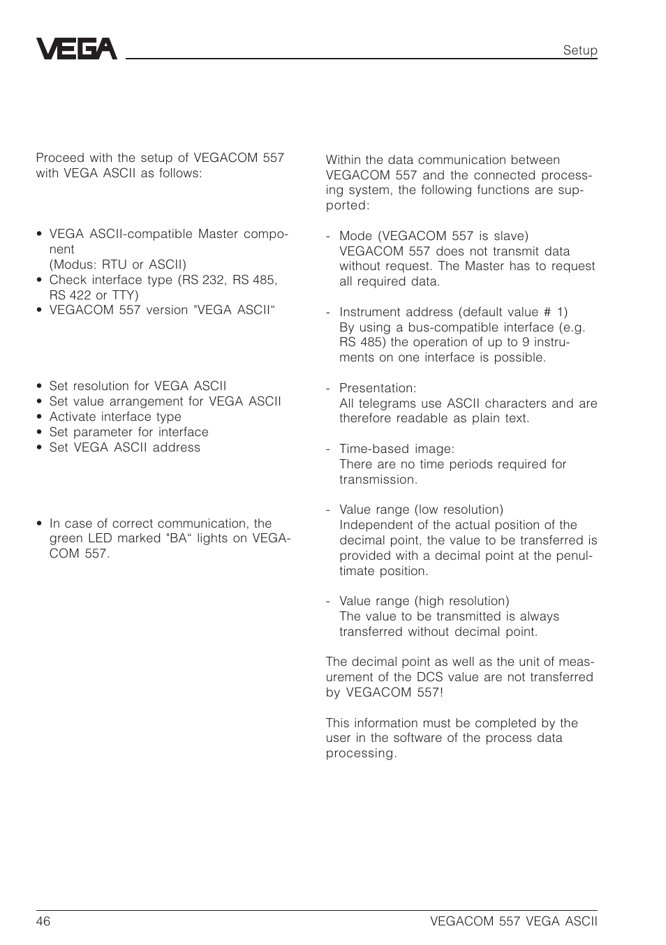 5 setup, 1 setup check list, 2 communication structure | VEGA VEGACOM 557 VEGA ASCII protocol User Manual | Page 46 / 64