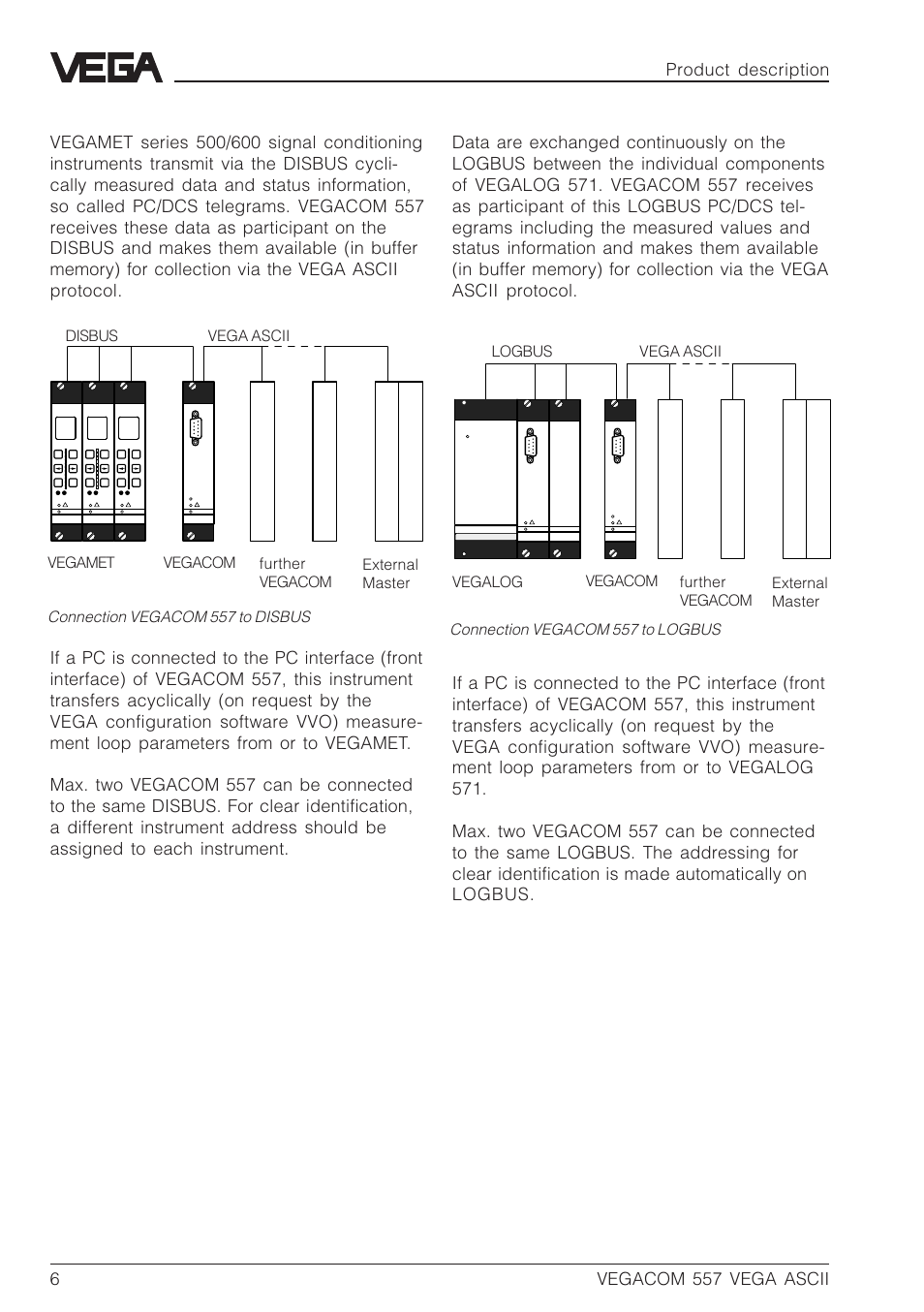 6vegacom 557 vega ascii, Connection vegacom 557 to disbus, Connection vegacom 557 to logbus | Disbus vega ascii vegamet vegacom external master | VEGA VEGACOM 557 VEGA ASCII protocol User Manual | Page 6 / 64