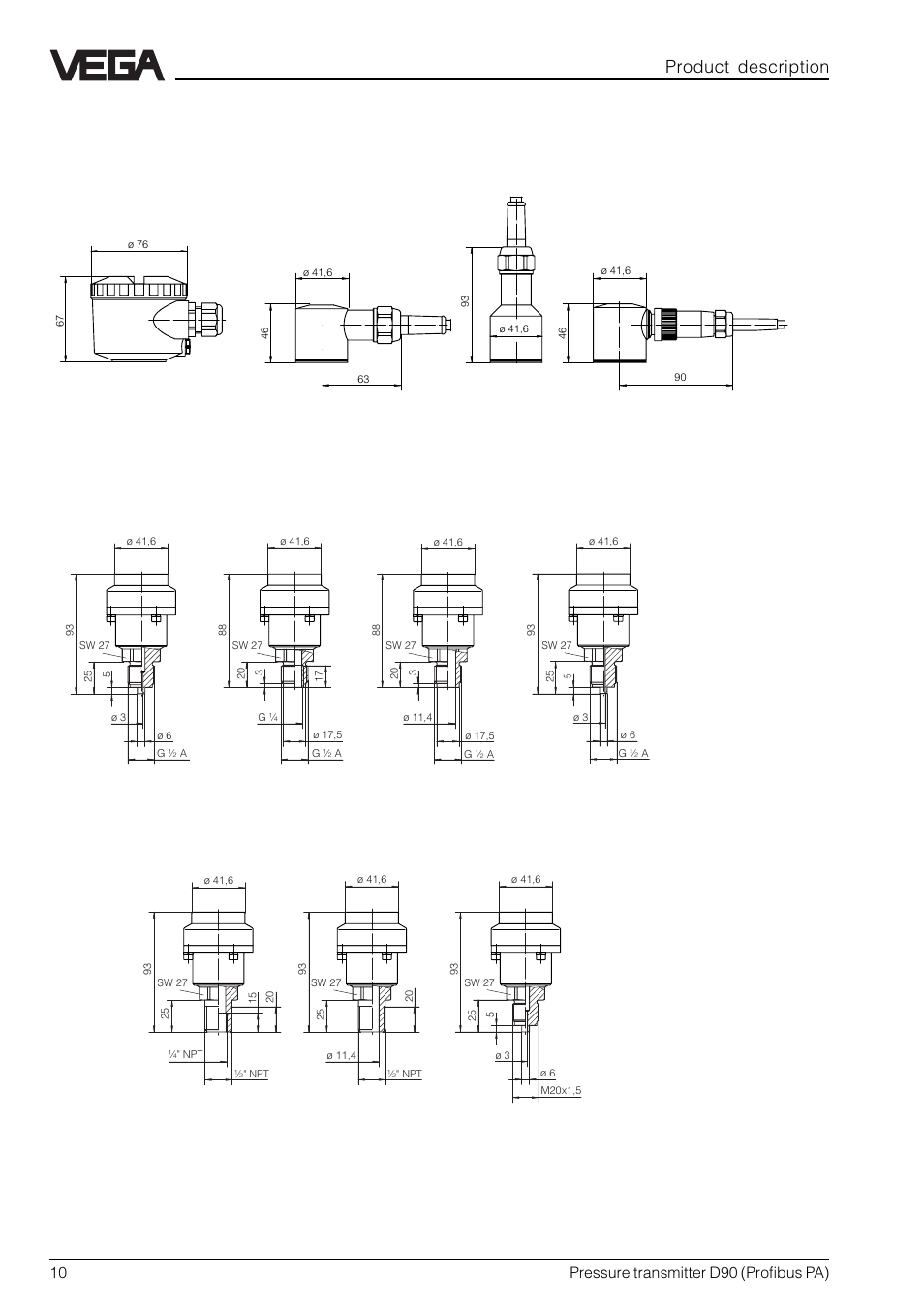 5 dimensions, Process connections, Transmitter housing | Product description, 10 pressure transmitter d90 (profibus pa) | VEGA D90 Profibus PA User Manual | Page 10 / 36