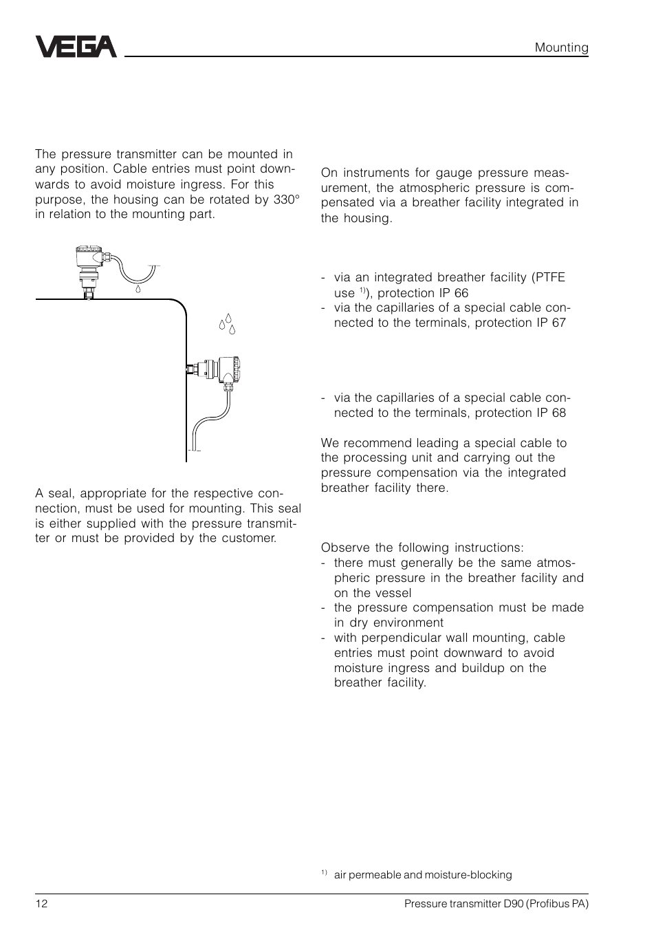 2 mounting, 1 mounting instructions, 2 compensation of the atmospheric pressure | 2 compensation of the atmos- pheric pressure | VEGA D90 Profibus PA User Manual | Page 12 / 36