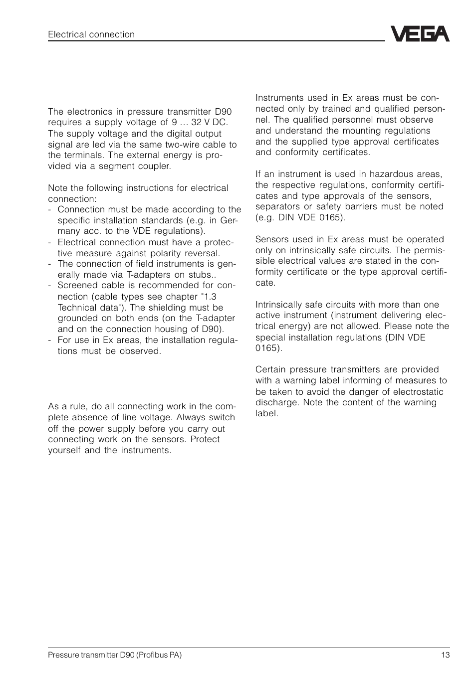3 electrical connection, 1 connection instructions | VEGA D90 Profibus PA User Manual | Page 13 / 36
