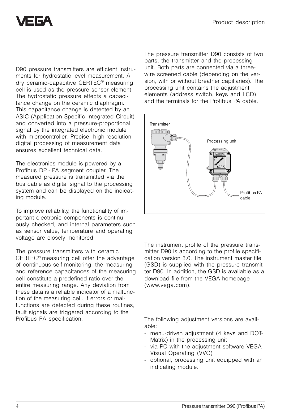 1 product description, 1 function and configuration | VEGA D90 Profibus PA User Manual | Page 4 / 36