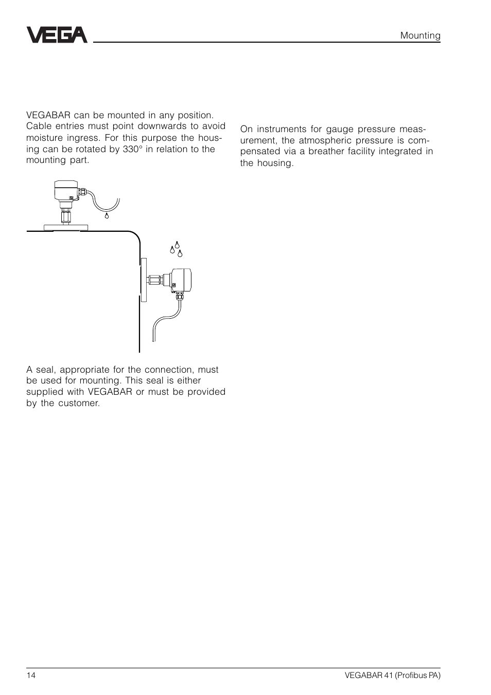 3 mounting, 1 mounting instructions, 2 compensation of the atmospheric pressure | VEGA VEGABAR 41 Profibus PA User Manual | Page 14 / 36