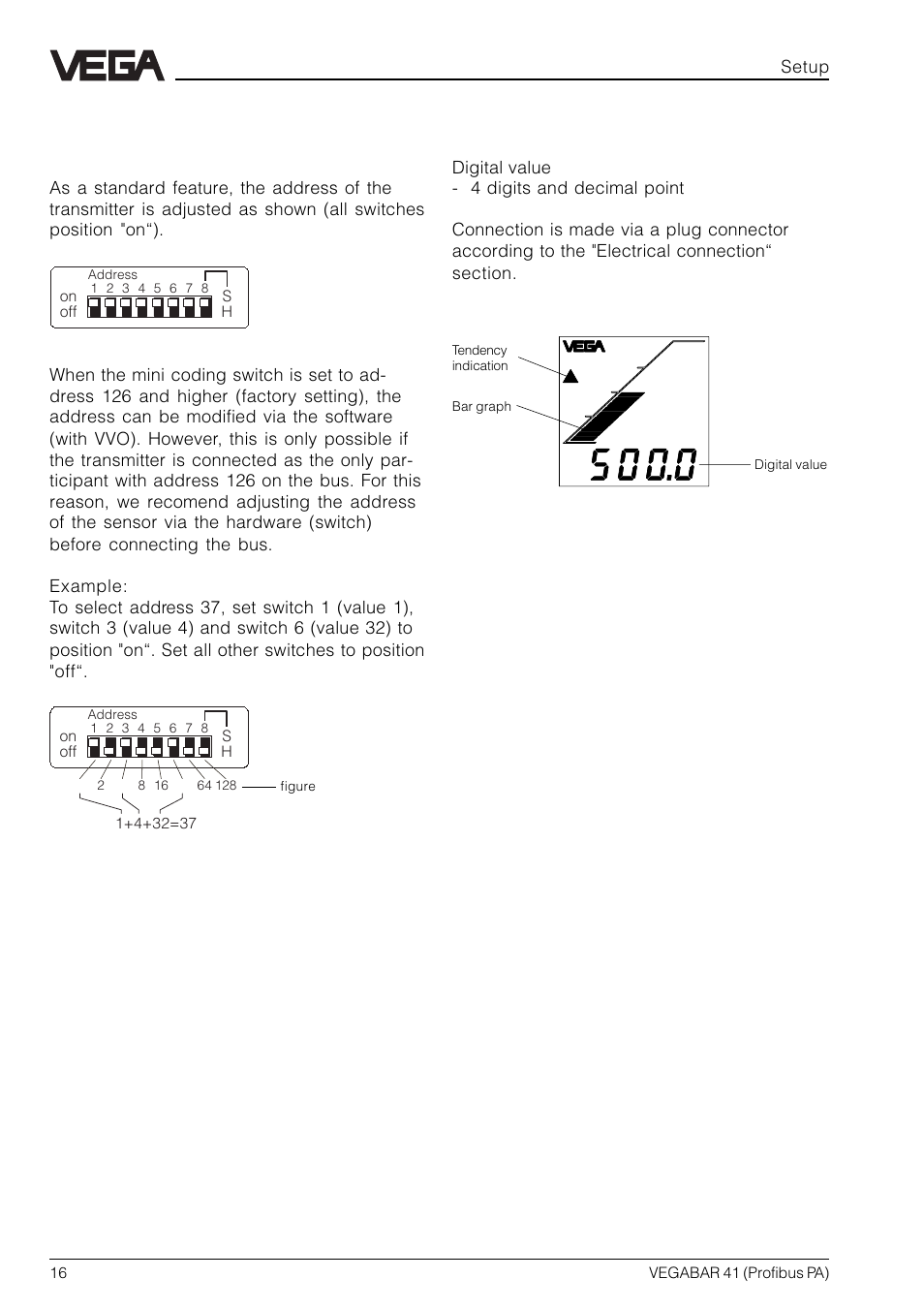 2 display module, Address adjustment with the mini cod- ing switch | VEGA VEGABAR 41 Profibus PA User Manual | Page 16 / 36