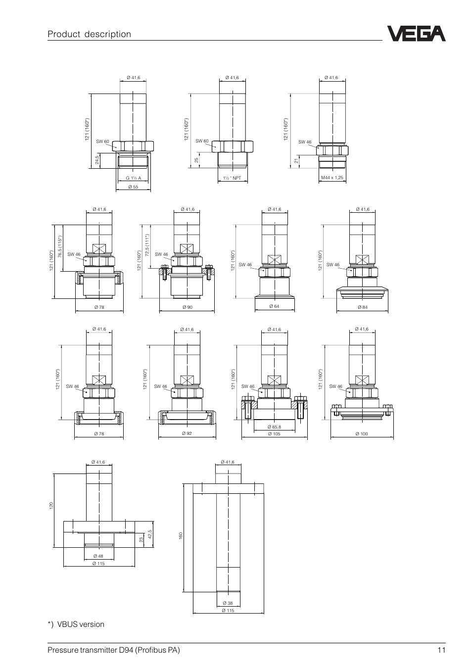 Product description process connections, Pressure transmitter d94 (profibus pa) 11, Vbus version | VEGA D94 Profibus PA User Manual | Page 11 / 36