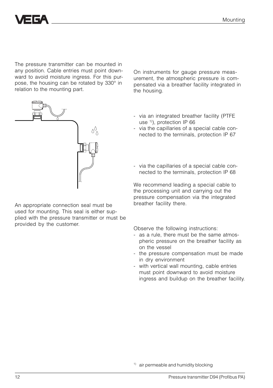 2 mounting, 1 mounting instructions, 2 compensation of the atmospheric pressure | 2 compensation of the atmos- pheric pressure | VEGA D94 Profibus PA User Manual | Page 12 / 36