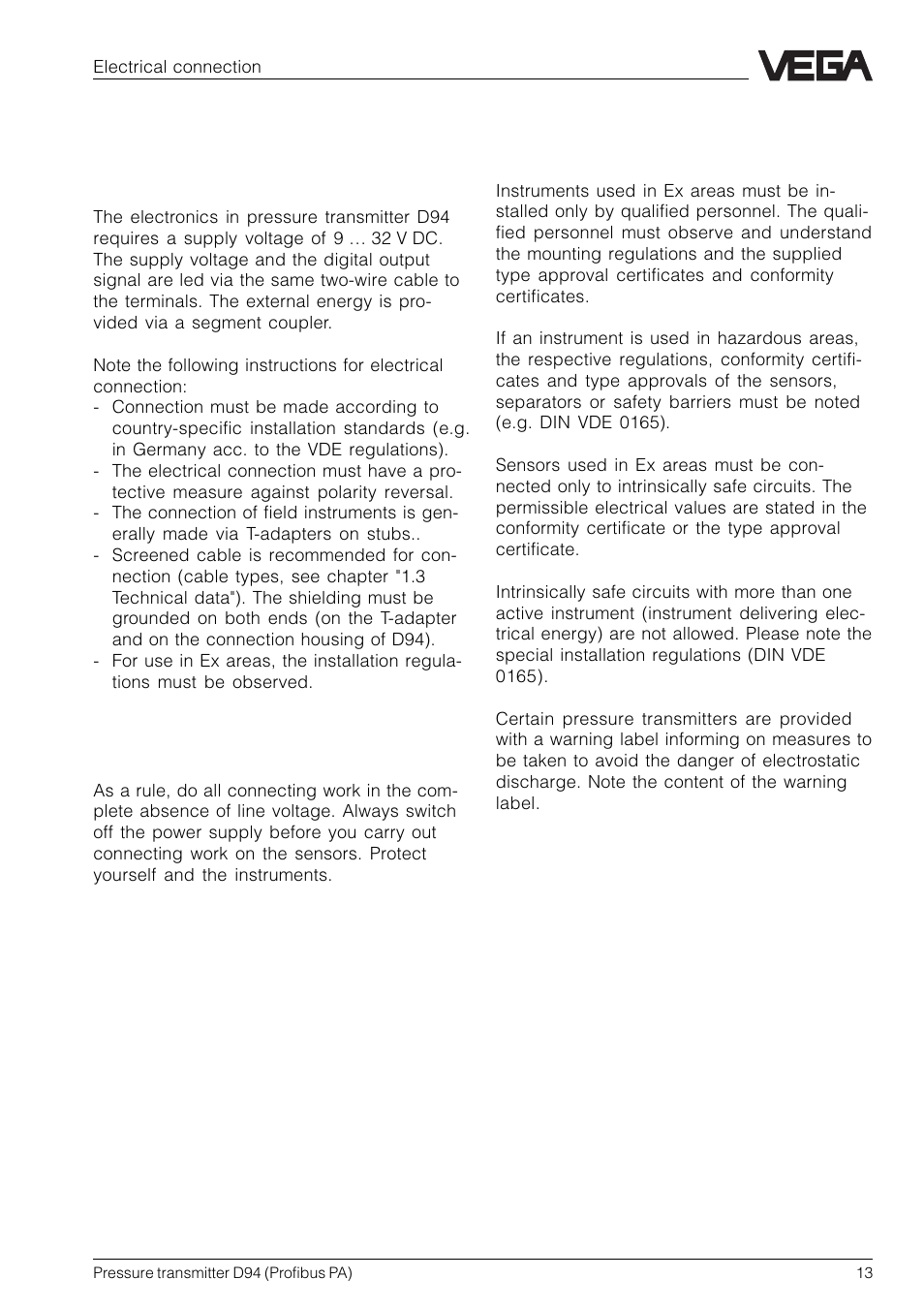 3 electrical connection, 1 connection instructions | VEGA D94 Profibus PA User Manual | Page 13 / 36