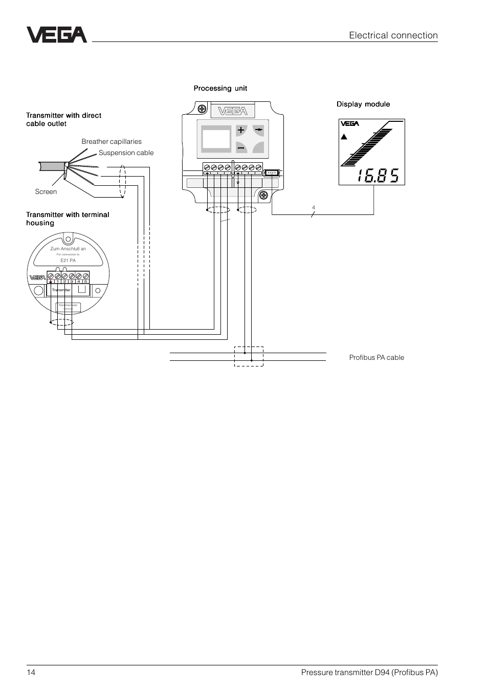 2 wiring plan, Electrical connection, 14 pressure transmitter d94 (profibus pa) | VEGA D94 Profibus PA User Manual | Page 14 / 36