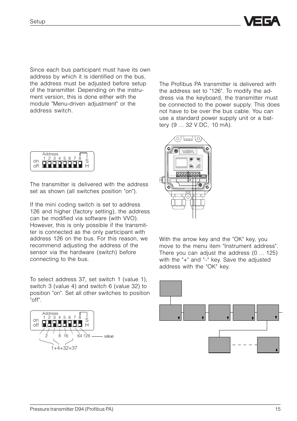 4 setup, 1 setting the profibus pa address, Address adjustment with the address switch | VEGA D94 Profibus PA User Manual | Page 15 / 36