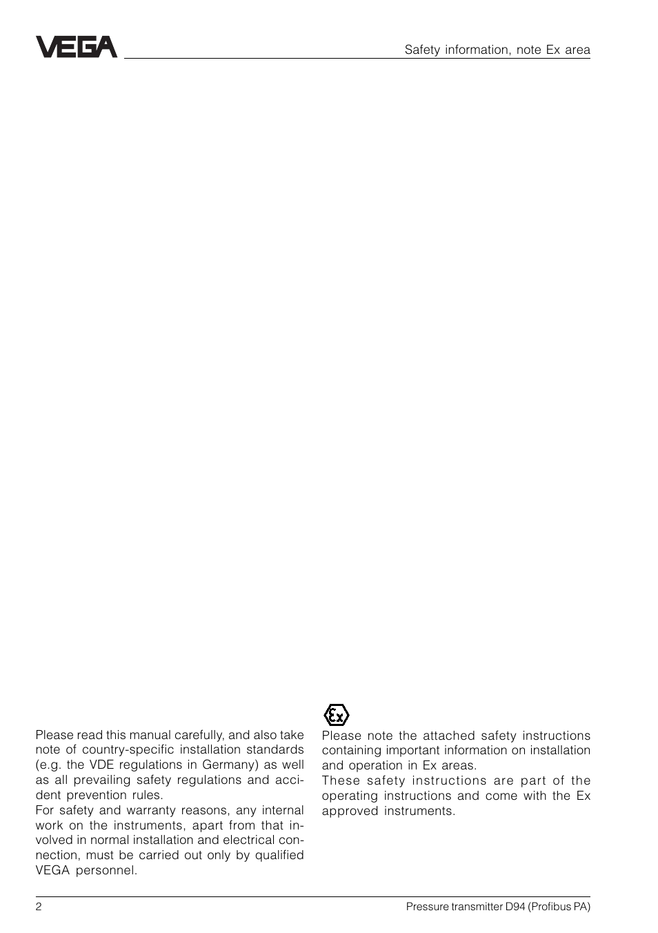 Safety information, Note ex area | VEGA D94 Profibus PA User Manual | Page 2 / 36
