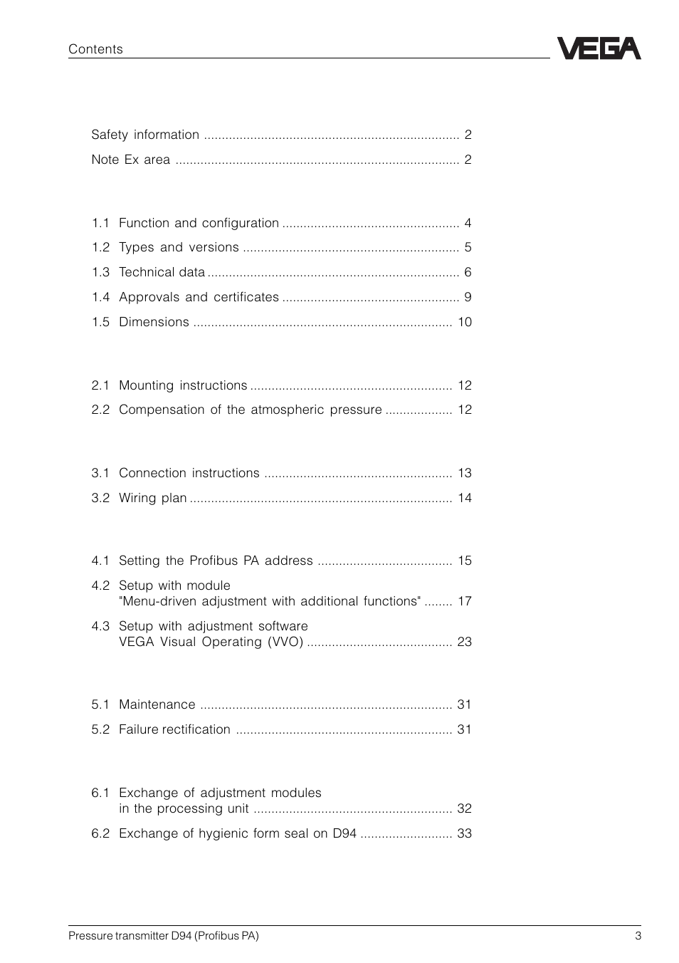 VEGA D94 Profibus PA User Manual | Page 3 / 36