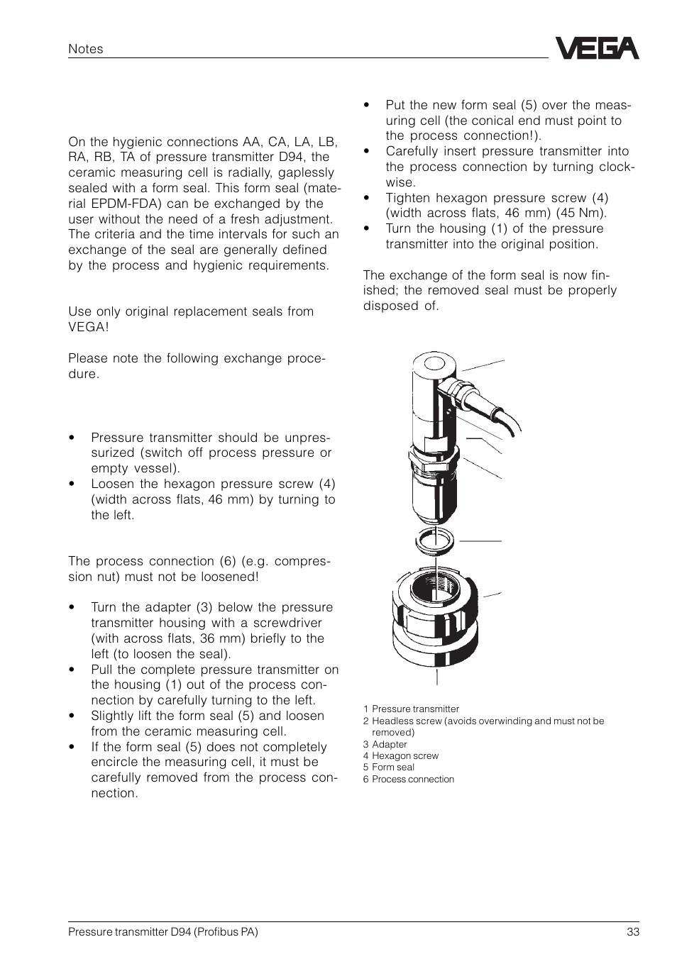 2 exchange of hygienic form seal on d94 | VEGA D94 Profibus PA User Manual | Page 33 / 36