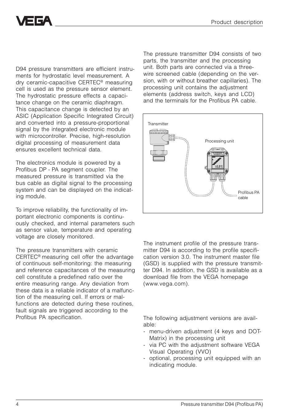 1 product description, 1 function and configuration | VEGA D94 Profibus PA User Manual | Page 4 / 36