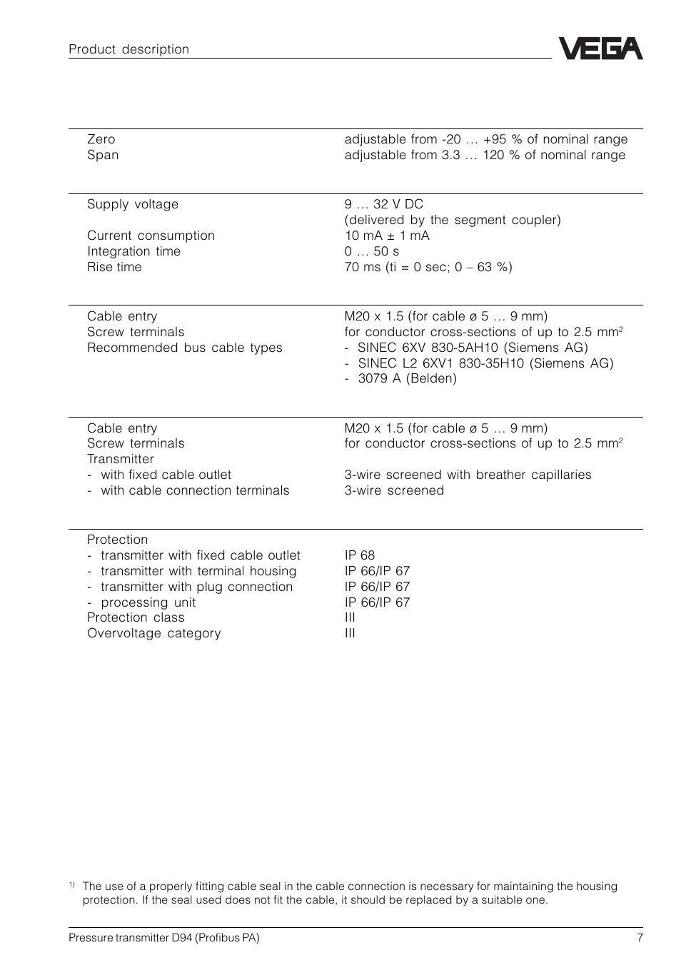 VEGA D94 Profibus PA User Manual | Page 7 / 36